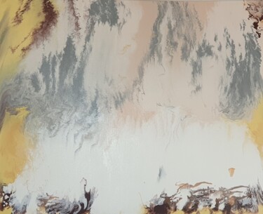 Large Fluid art White Waves Clouds Yellow waves Gold Paintin Peinture intitulée "Large Fluid art Whi…" par Iveta Zaharova (Kārkla), Œuvre d'art originale, Acrylique