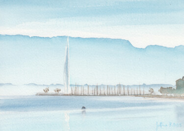 Les Pâquis et le jet par temps brumeux Malerei mit dem Titel "Les Pâquis et le je…" von Philippe Juttens, Original-Kunstwerk, Aquarell
