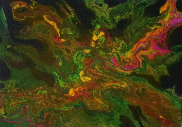 Green pink orange yellow fluid art Painting Iveta Zaharova Malarstwo zatytułowany „Green pink orange y…” autorstwa Iveta Zaharova (Kārkla), Oryginalna praca, Akryl