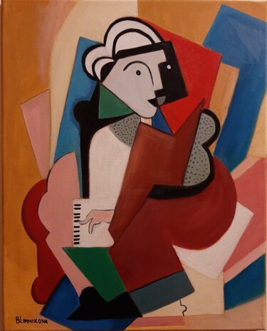 Painting titled "Mulher ao piano" by Olena Blinnikova, Original Artwork, Oil Mounted on Wood Stretcher frame