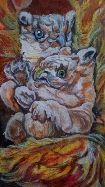 Грифоны малыши- близнецы Painting titled "Грифоны малыши- бли…" by Tania Timakova, Original Artwork, Acrylic