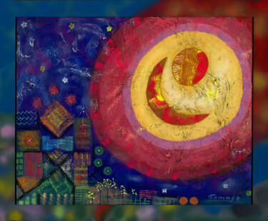 Painting titled "Moon over the city…" by Tomasz, Original Artwork, Acrylic