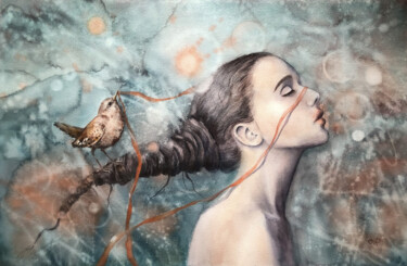 Woman with Bird Femme 绘画 标题为“Woman with Bird Fem…” 由Lolita Ros, 原创艺术品, 水彩