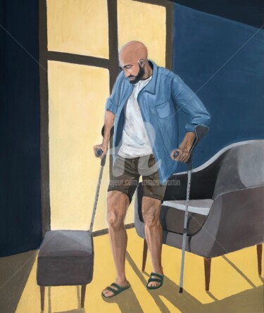 Painting titled "Hombre con muletas" by Tomás Martin, Original Artwork, Acrylic Mounted on Wood Stretcher frame