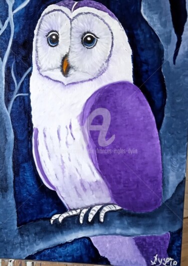 Painting titled "La Nocturne (chouet…" by Lydie Frances-Ingles (dylie), Original Artwork, Oil Mounted on Wood Stretcher frame
