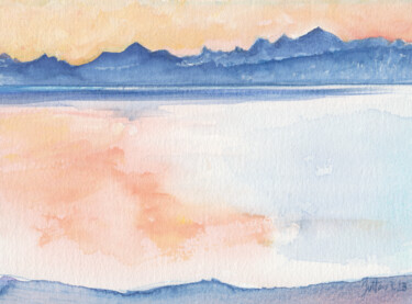 Lever du jour sur le Mont-Blanc d'après Hodler Peinture intitulée "Lever du jour sur l…" par Philippe Juttens, Œuvre d'art originale, Aquarelle