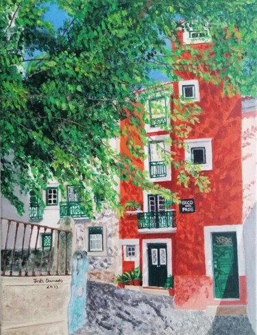 BECO dos FRÓIS, Alfama, Lisboa Painting titled "BECO dos FRÓIS, Alf…" by Inês Dourado, Original Artwork, Oil Mounted on Wood Stretcher frame