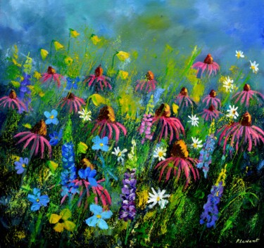 Schilderij getiteld "Rudbeckias 88" door Pol Ledent, Origineel Kunstwerk, Olie Gemonteerd op Frame voor houten brancard