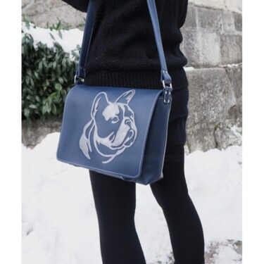 Sac bandoulière en cuir souple bleu foncé avec bouledogue Design titled "Sac bandoulière en…" by Marieke Creation, Original Artwork, Accessories