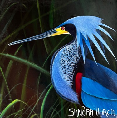 Peinture intitulée "Héron Agami" par Sandra Llorca, Œuvre d'art originale, Acrylique Monté sur Châssis en bois