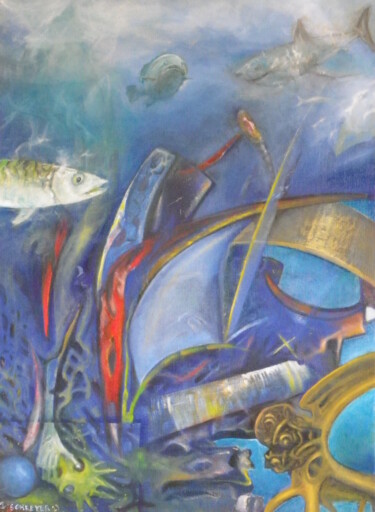 Painting titled "Le Blues" by Michel Schreyer, Original Artwork, Oil Mounted on Wood Stretcher frame