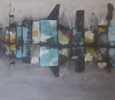 Abstract Original Cityscape Bridge Landscape Black White Blu 绘画 标题为“Abstract Original C…” 由Iveta Zaharova (Kārkla), 原创艺术品, 丙烯
