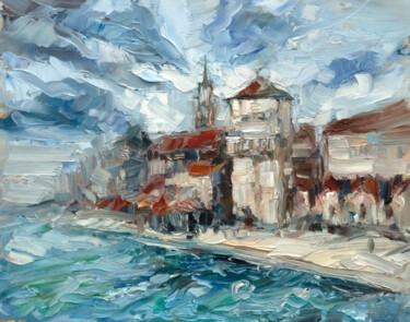 Painting titled "Old Town Promenade" by Adrienn Pécsek, Original Artwork, Oil