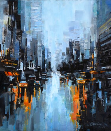 Ζωγραφική με τίτλο "Wet city elegance" από Krista Ozola, Αυθεντικά έργα τέχνης, Λάδι Τοποθετήθηκε στο Ξύλινο φορείο σκελετό