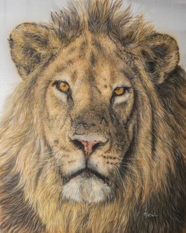 Greatness – Hyperrealistic lion portrait on silk 绘画 标题为“Greatness – Hyperre…” 由Olga Belova, 原创艺术品, 颜料