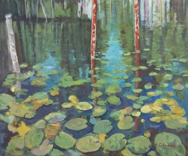 Pittura intitolato "View Of Waterlilies" da Angelika Scheibler, Opera d'arte originale, Tempera