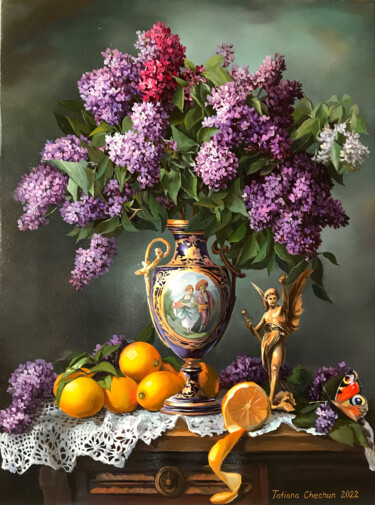 Lilacs and lemons Peinture intitulée "Lilacs and lemons" par Tatjana Cechun, Œuvre d'art originale, Huile