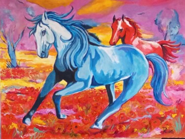 绘画 标题为“Cavalli in un campo…” 由Mario Riva, 原创艺术品, 油