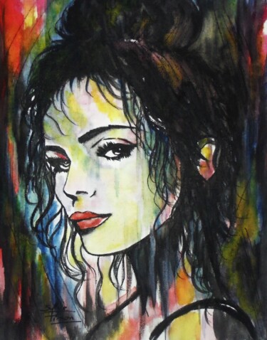 Schilderij getiteld "anonyme féminin col…" door Sylvie Pinon, Origineel Kunstwerk, Aquarel Gemonteerd op Karton