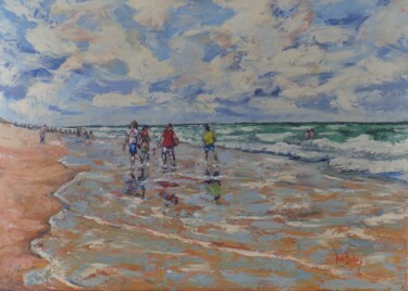 Peinture intitulée "SCENE DE PLAGE maré…" par Nicole Bellocq, Œuvre d'art originale, Huile