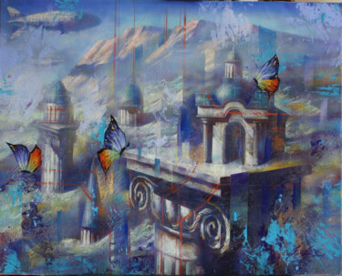Painting titled "Landscape with a ca…" by Dobrodiy Alexandr, Original Artwork, Oil Mounted on Wood Stretcher frame