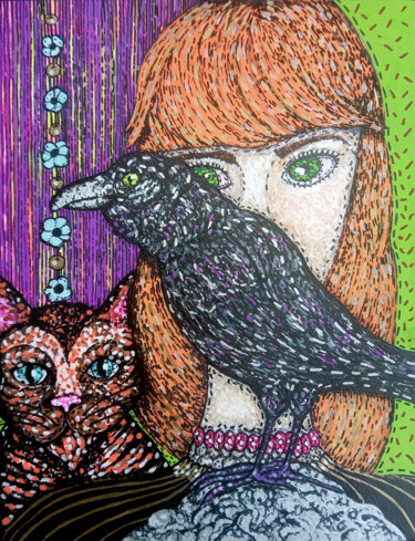 Dessin intitulée "Le Corbeau, le Chat…" par Karine Garelli (Reds Robin), Œuvre d'art originale, Marqueur