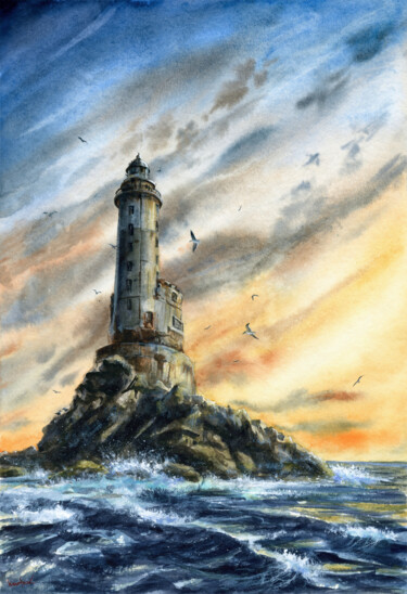 Old Lighthouse Malerei mit dem Titel "Old Lighthouse" von Alexandr Karpov, Original-Kunstwerk, Aquarell