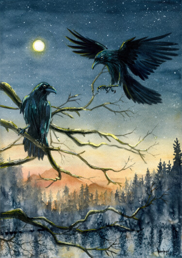Huginn & Muninn. Watchers at mountain lake. Painting titled "Huginn & Muninn. Wa…" by Alexandr Karpov, Original Artwork, Watercolor