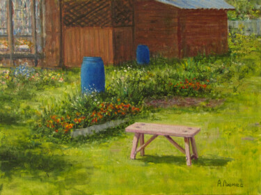 Pintura titulada ""Розовая скамейка"" por Andrei Abramov (Andrei Liumes), Obra de arte original, Oleo