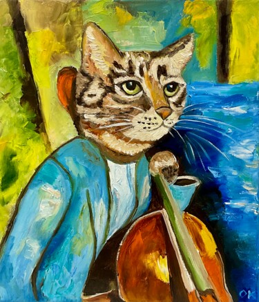「Cat Cellist, sounds…」というタイトルの絵画 Olga Kovalによって, オリジナルのアートワーク, オイル ウッドストレッチャーフレームにマウント