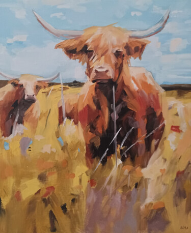 绘画 标题为“scottish cow” 由Alexandre Howden, 原创艺术品, 油 安装在木质担架架上