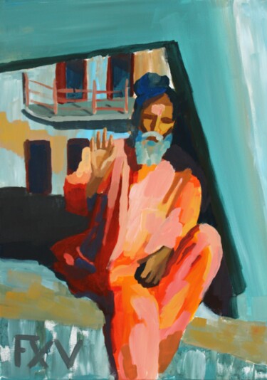 绘画 标题为“Sadhu” 由Francois Xavier Vaudeleau, 原创艺术品, 丙烯 安装在木质担架架上