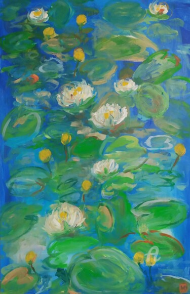 Nymphéas blancs acrylique sur toile de coton Art abstrait Schilderij getiteld "Nymphéas blancs acr…" door Marina Desportes, Origineel Kunstwerk, Acryl Gemonteerd op Frame voor houten…