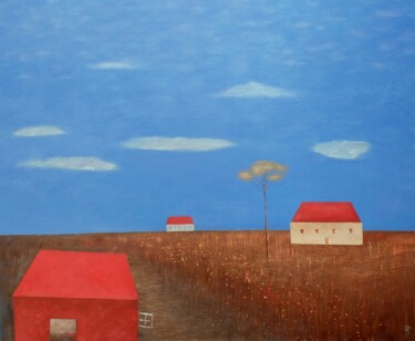 Ζωγραφική με τίτλο "Houses In The Fields" από Kestutis Jauniskis, Αυθεντικά έργα τέχνης, Λάδι