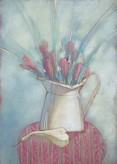 Drawing titled "Натюрморт с кроксуа…" by Konstantin Konevskikh, Original Artwork, Pastel Mounted on Wood Panel