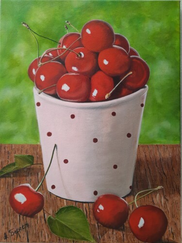 Bucket of cherries Peinture intitulée "Bucket of cherries" par Olena Berest, Œuvre d'art originale, Huile Monté sur Châssis en bois