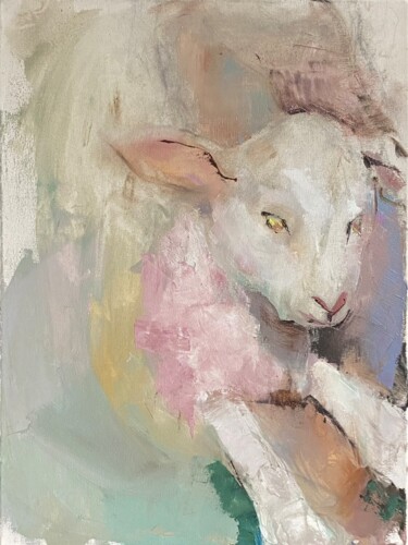 Painting titled "Agnus Dei" by Diana Sholk, Original Artwork, Oil Mounted on Wood Stretcher frame