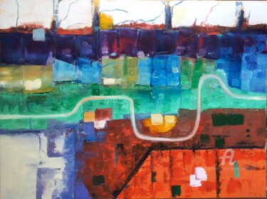 Painting titled "Vu du ciel" by Nicole Bachelard, Original Artwork, Oil Mounted on Wood Stretcher frame