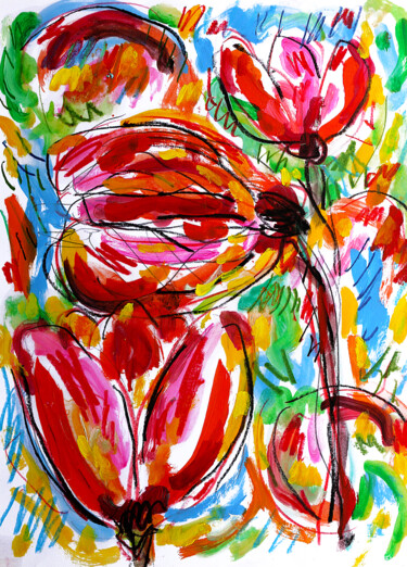 绘画 标题为“Red tulips” 由Jean Mirre, 原创艺术品, 油