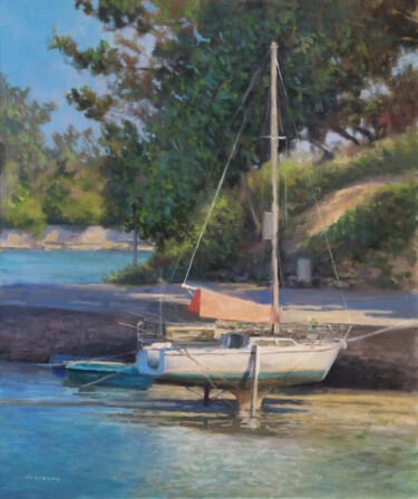 Peinture intitulée "Sailboat at Port An…" par Pascal Giroud, Œuvre d'art originale, Huile
