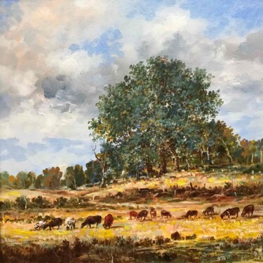 Painting titled "A lonely tree" by Vagharshak Abrahamyan, Original Artwork, Oil Mounted on Wood Stretcher frame