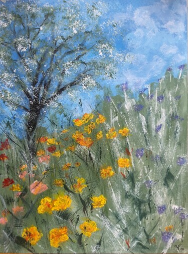 Peinture intitulée "Couchée dans l’herbe" par Pam Sounette, Œuvre d'art originale, Acrylique Monté sur Verre