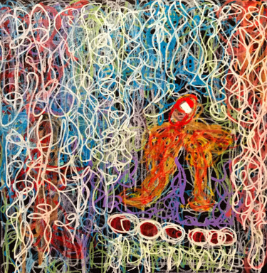 Painting titled "Little Man in the F…" by Nathalie Gribinski, Original Artwork, Oil Mounted on Wood Stretcher frame