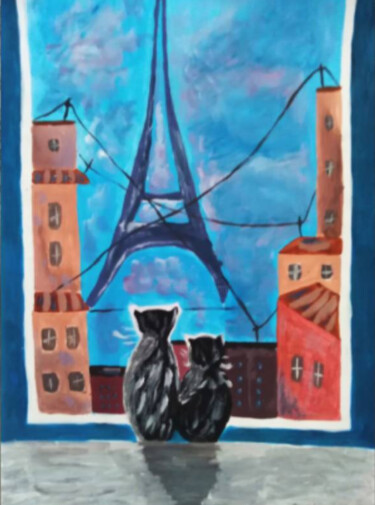 Cats in Paris original painting 绘画 标题为“Cats in Paris origi…” 由Maryna Yasar, 原创艺术品, 丙烯