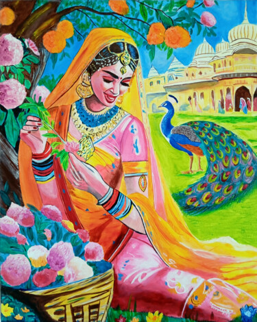Peinture intitulée "Indienne avec paon" par Thierry Angot, Œuvre d'art originale, Acrylique Monté sur Châssis en bois