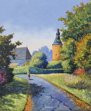 Painting titled "La tour ocre du Châ…" by Stephan Serais, Original Artwork, Oil Mounted on Wood Stretcher frame