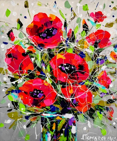 Poppies in vase - colorful textured flowers Pintura intitulada "Poppies in vase - c…" por Aliaksandra Tsesarskaya, Obras de arte originais, Acrílico