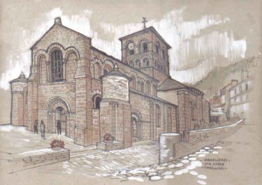 Dessin intitulée "Eglise de Chamalièr…" par Francis Macard, Œuvre d'art originale, Encre Monté sur Panneau de bois