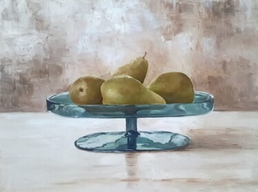 Peinture intitulée "Compotier aux poires" par Sylvie Mespoulhé, Œuvre d'art originale, Huile Monté sur Châssis en bois