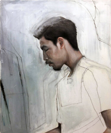 Pintura intitulada "young man with mous…" por Elina Evstig, Obras de arte originais, Óleo